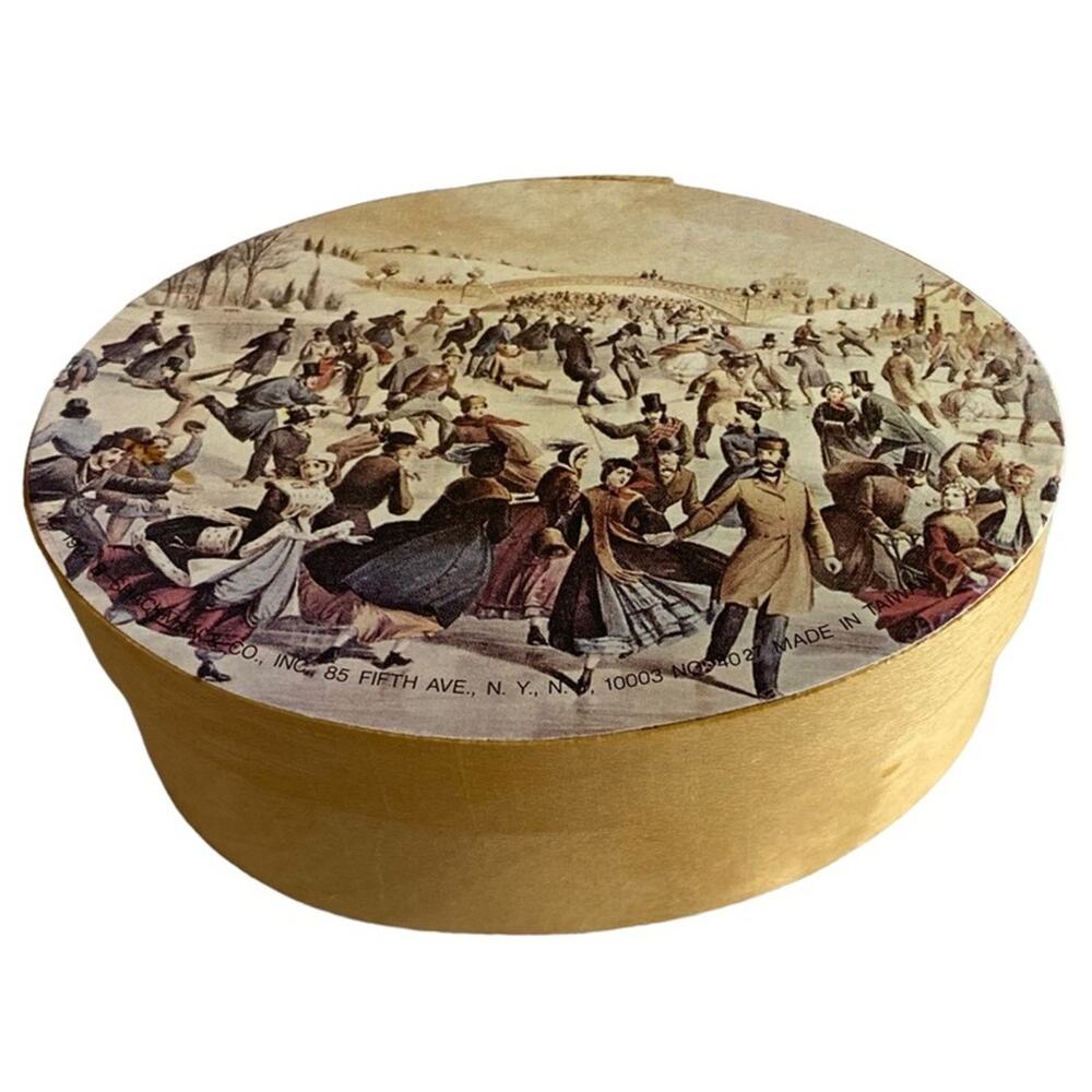 Vintage Shackman Wooden Oval Gift Box Currier & Ives Central Park Skating READ